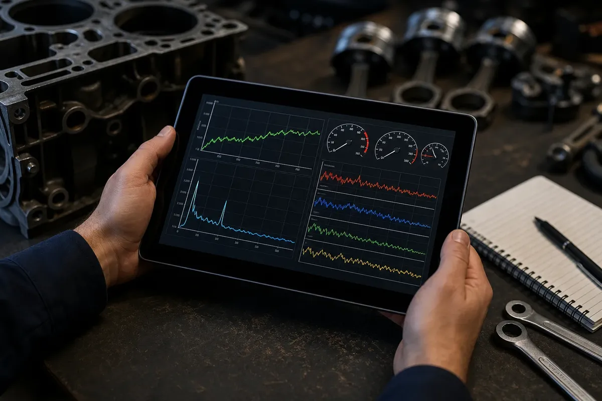 Tablet mit Motordiagramm in der Hand am Schreibtisch