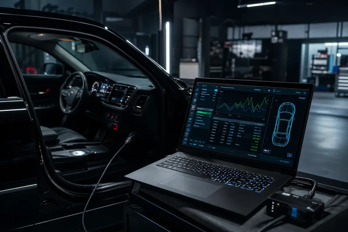 Laptop mit OBD-Diagnosesoftware in dunkler Werkstatt