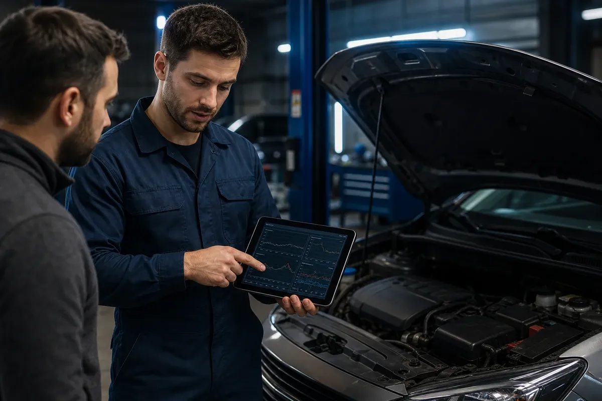 Techniker zeigt Diagnosedaten auf Tablet am Fahrzeug